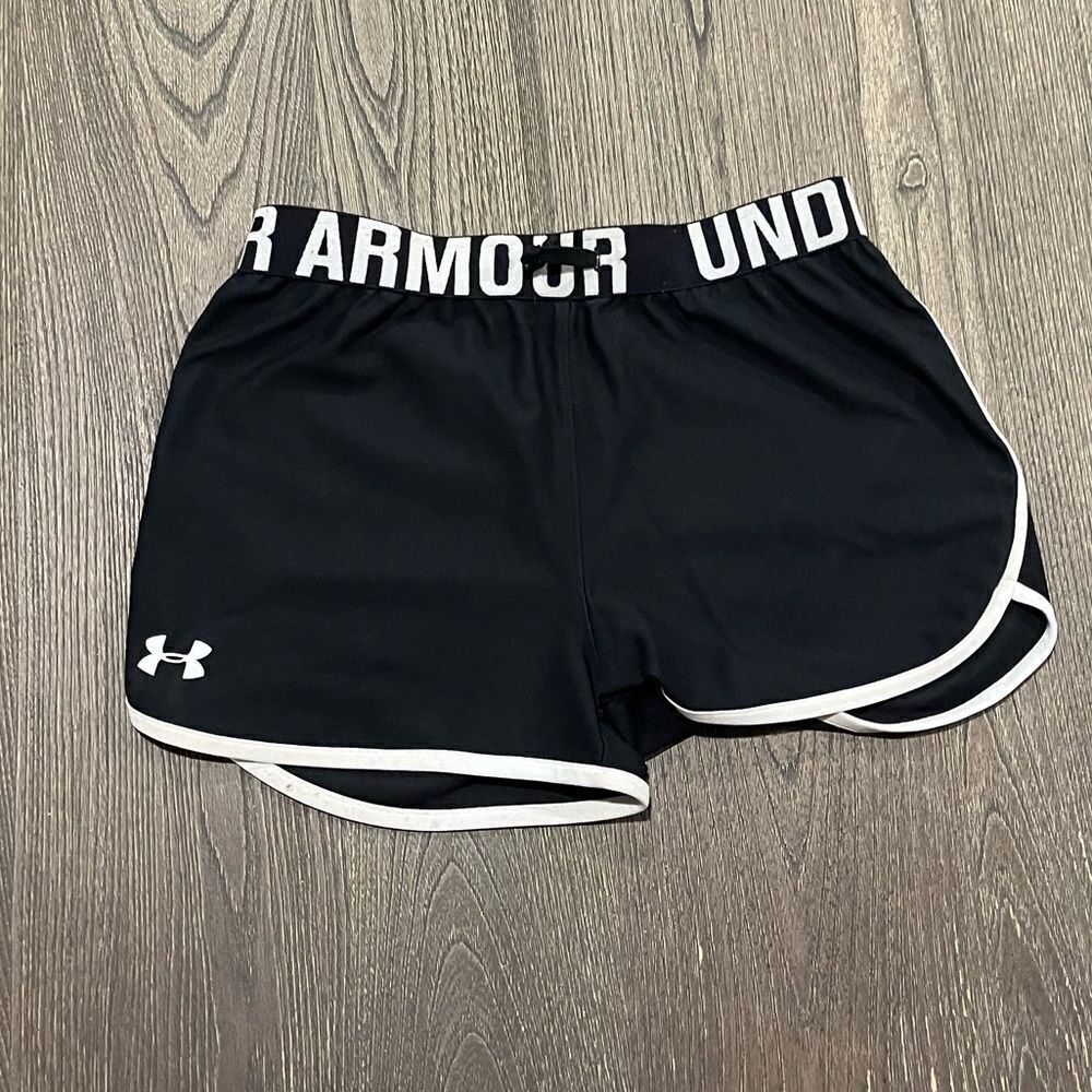 Under Armour Shorts Athletic Pull On Black and White Logo Waist Youth Large
